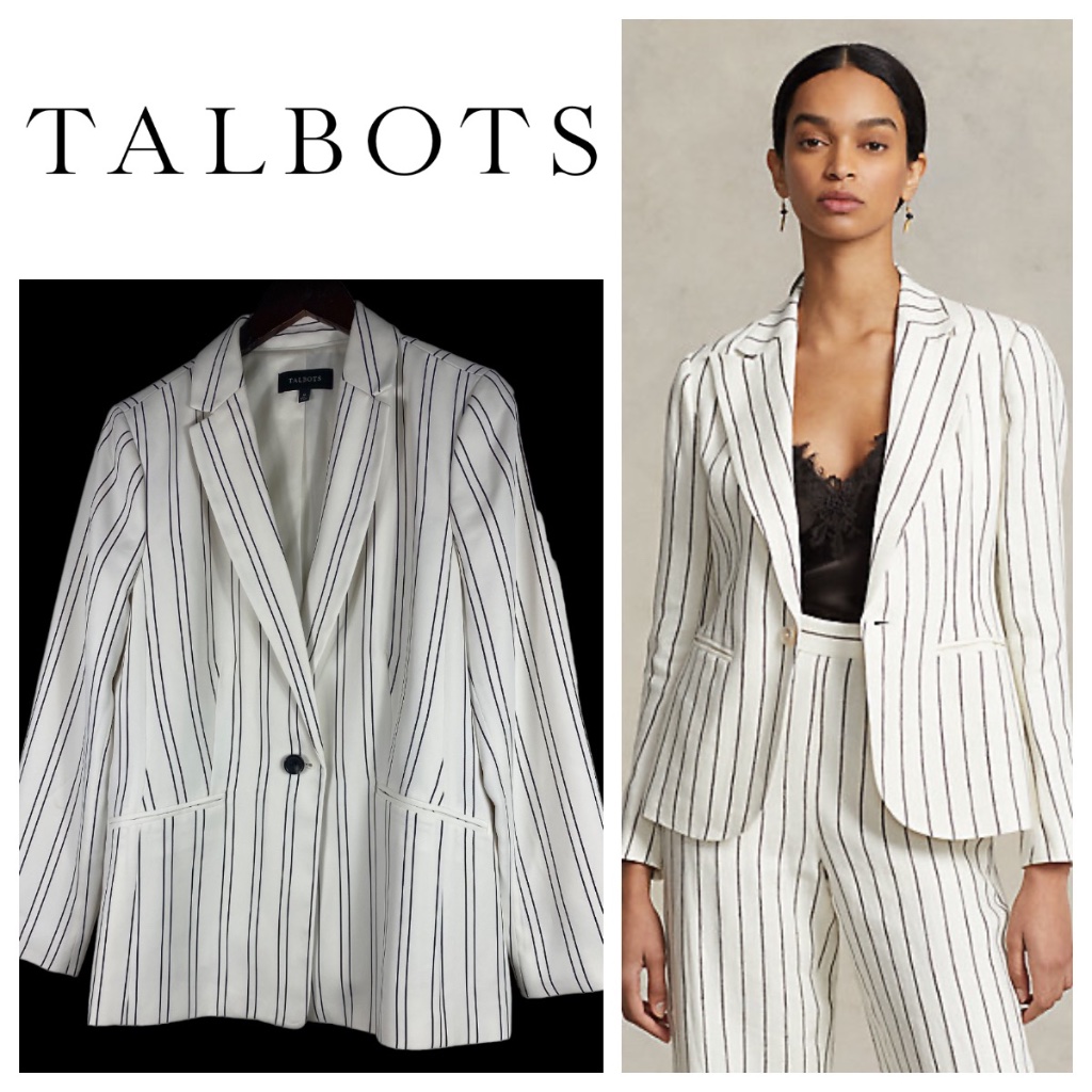 Talbots 12 Large Blazer Jacket Coat Stripe White Black Career Casual